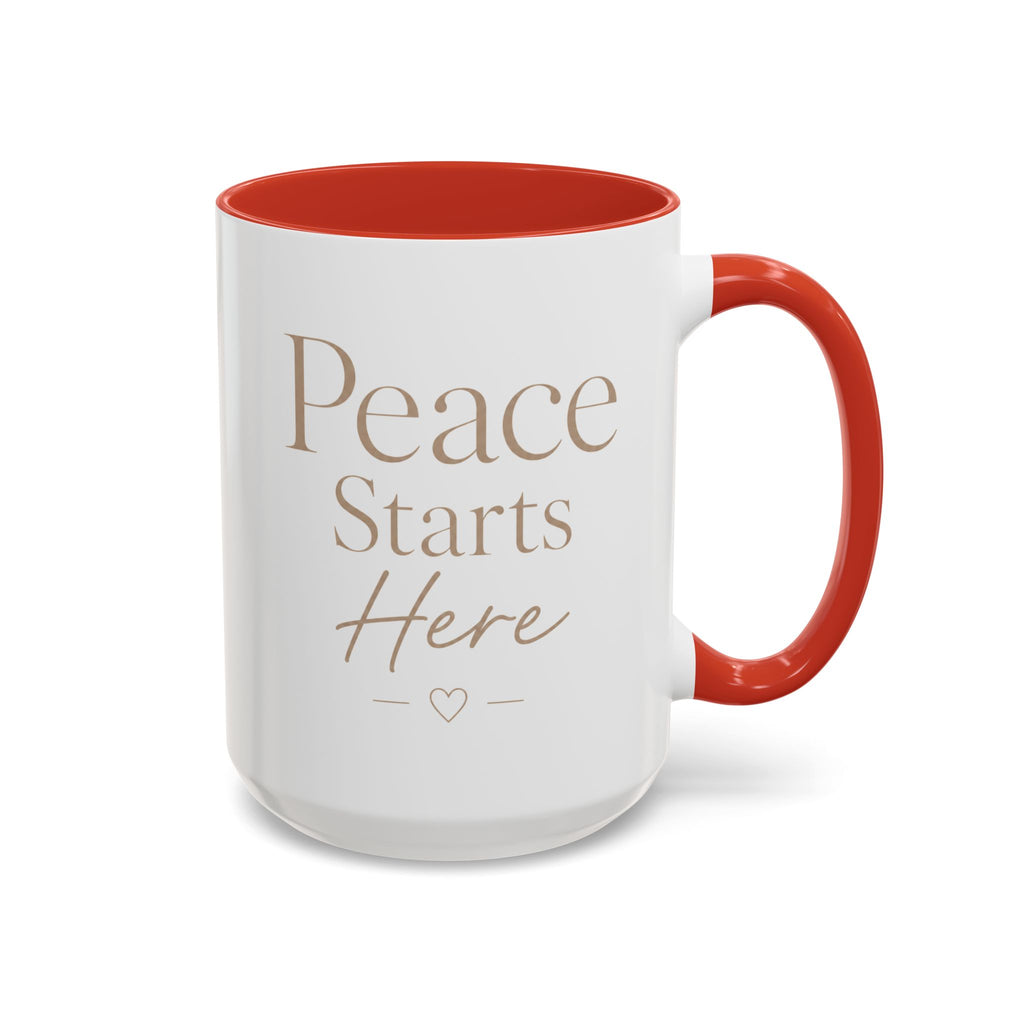 Inspirational Peace Mug – "Peace Starts Here" Red Accent Coffee Cup
