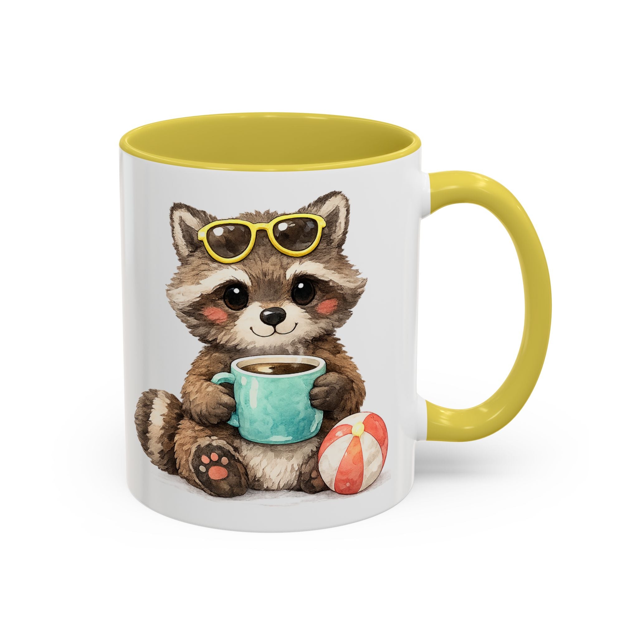 Cute Raccoon Coffee Mug – Yellow Accent (Beach Ball, Sunglasses)