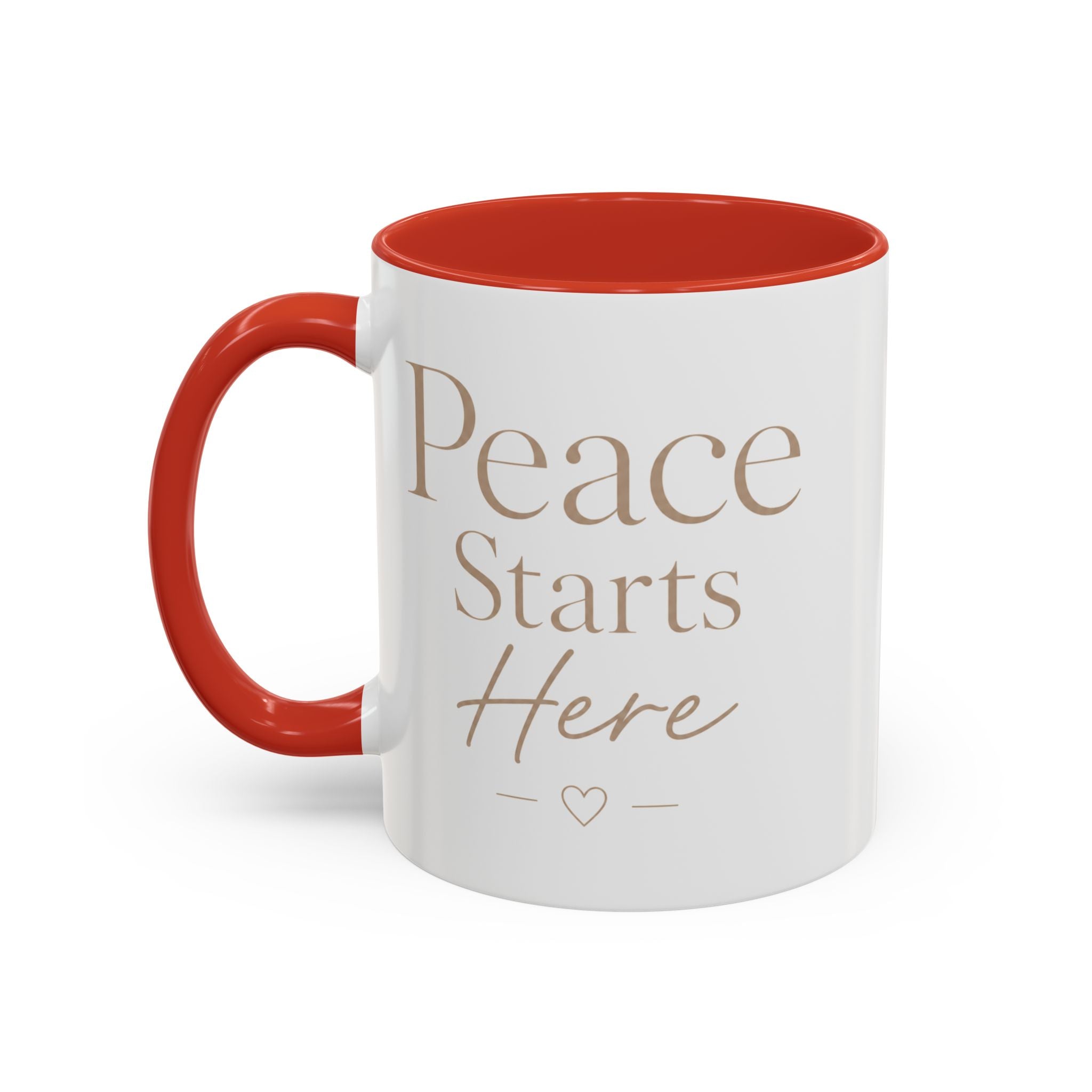 Inspirational Peace Mug – "Peace Starts Here" Red Accent Coffee Cup