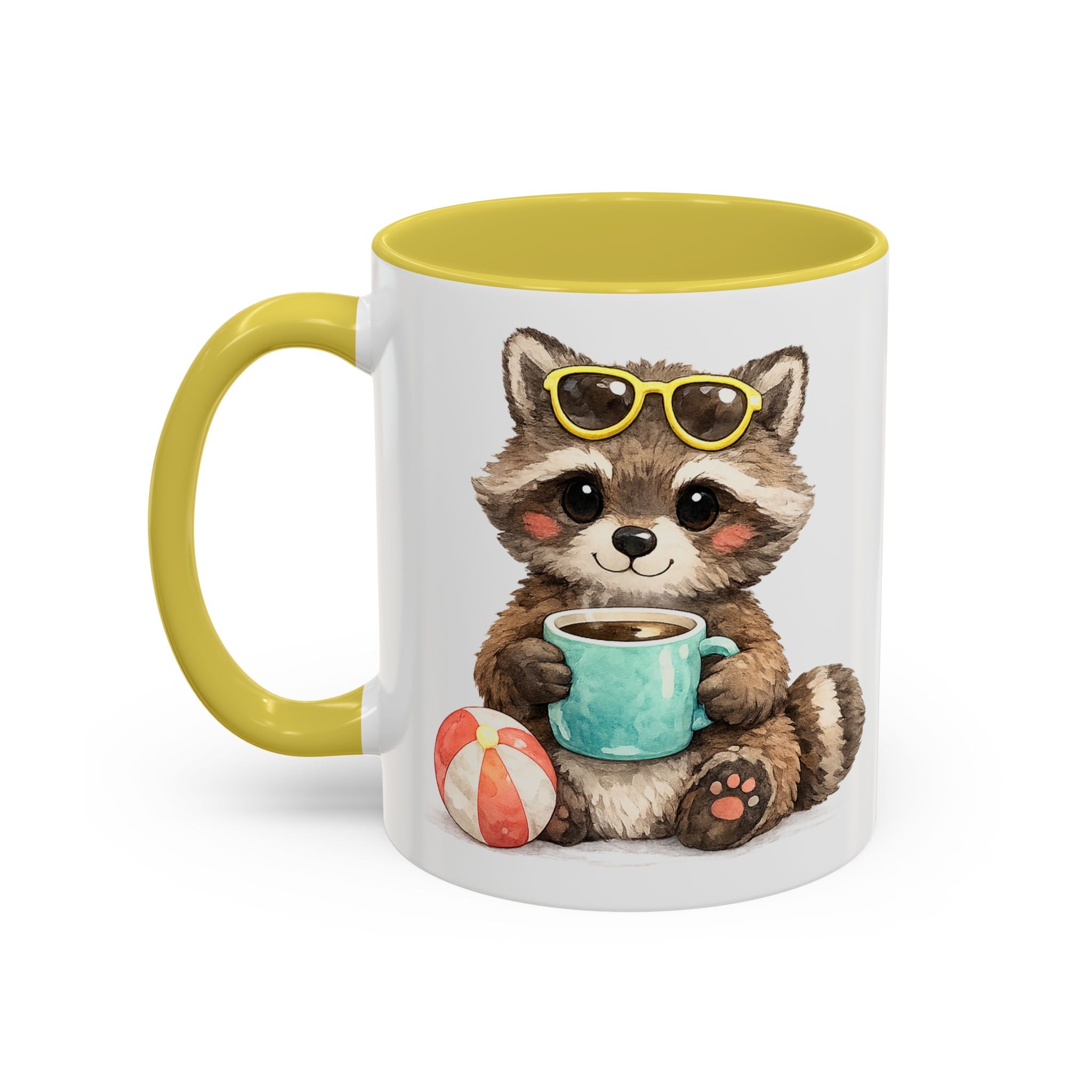 Cute Raccoon Coffee Mug – Yellow Accent (Beach Ball, Sunglasses)