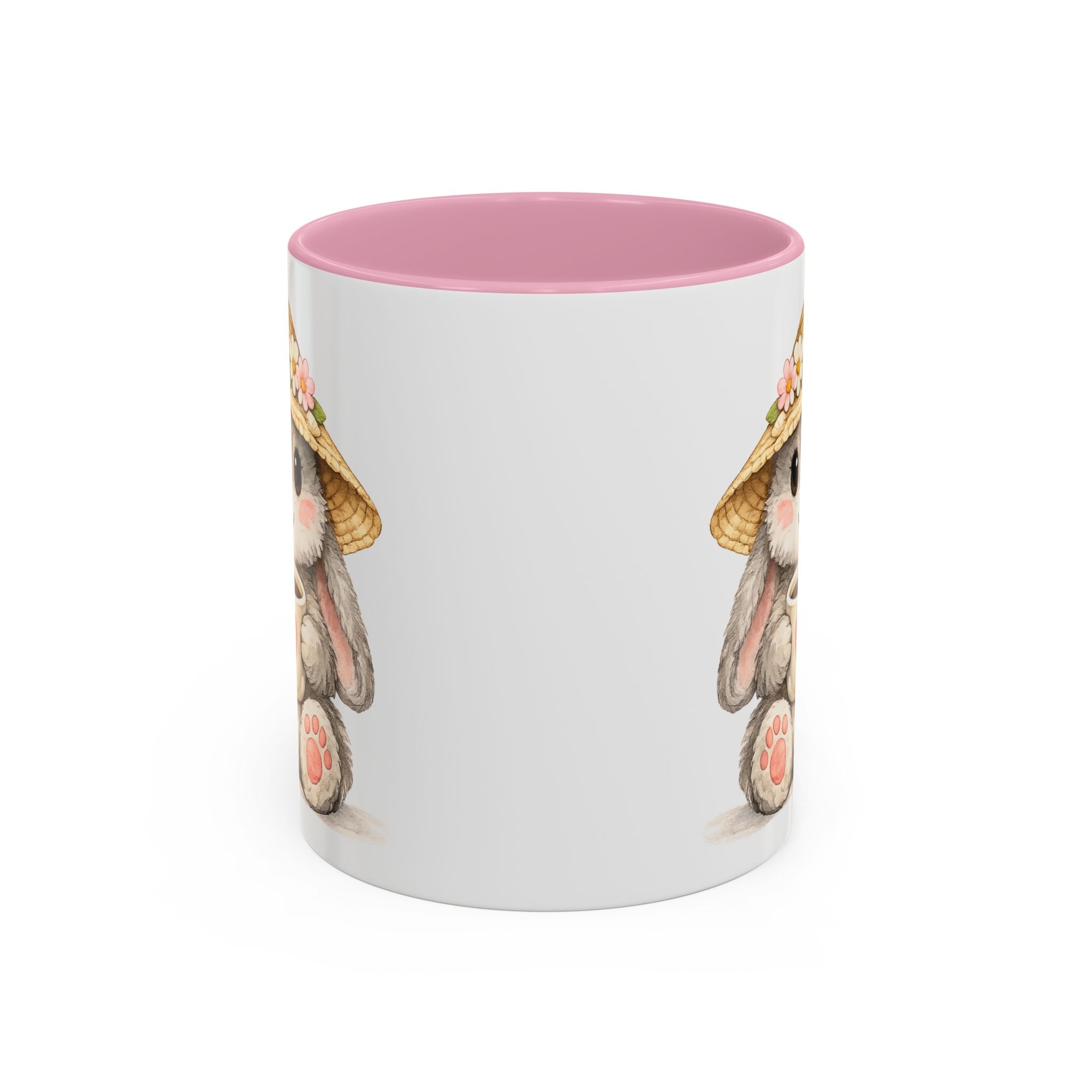 Cute Bunny Coffee Mug — Adorable Bunny with Straw Hat & Heart Cup