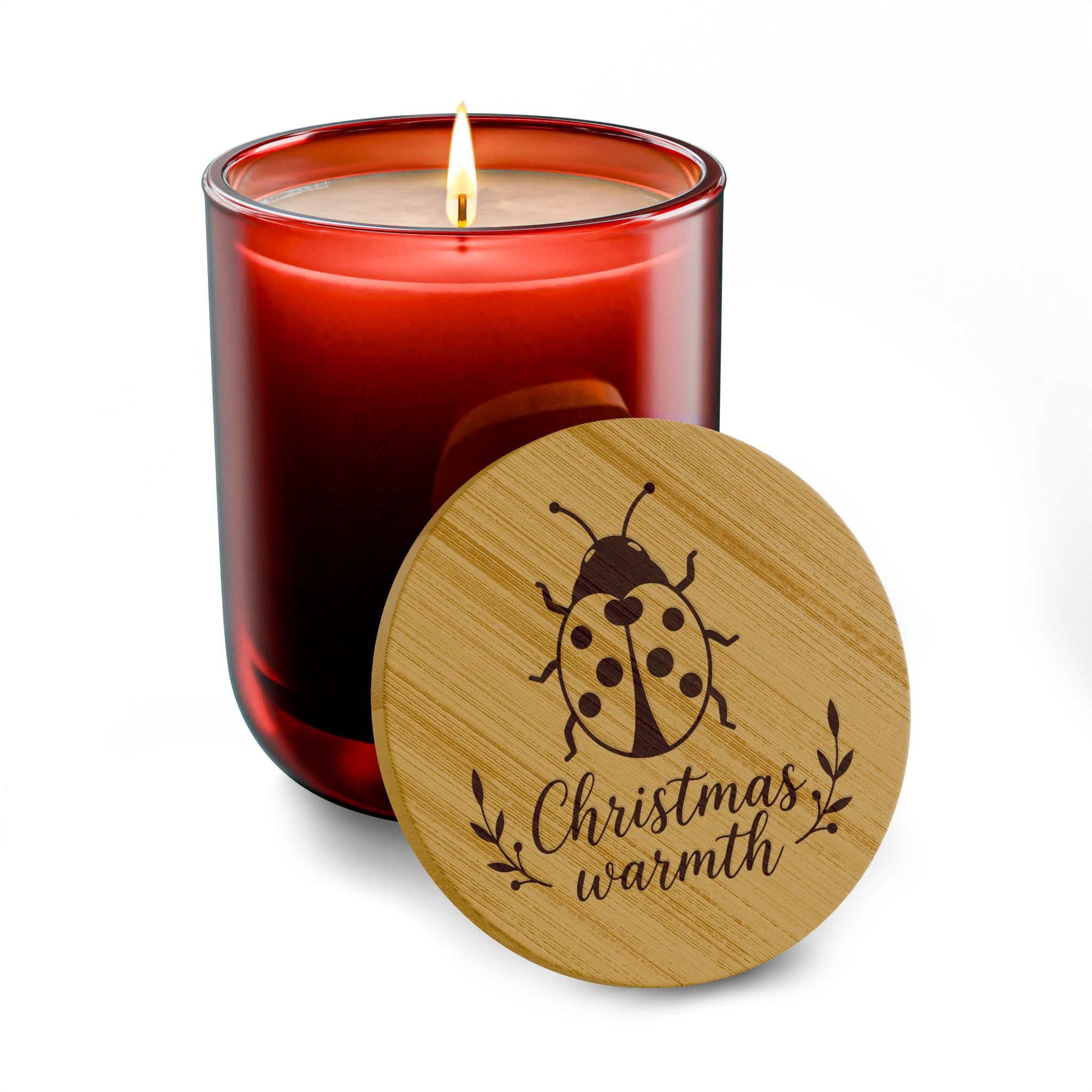 Christmas Warmth 14oz Engraved Soy Candle – Festive Scented Candle with Ladybug Lid