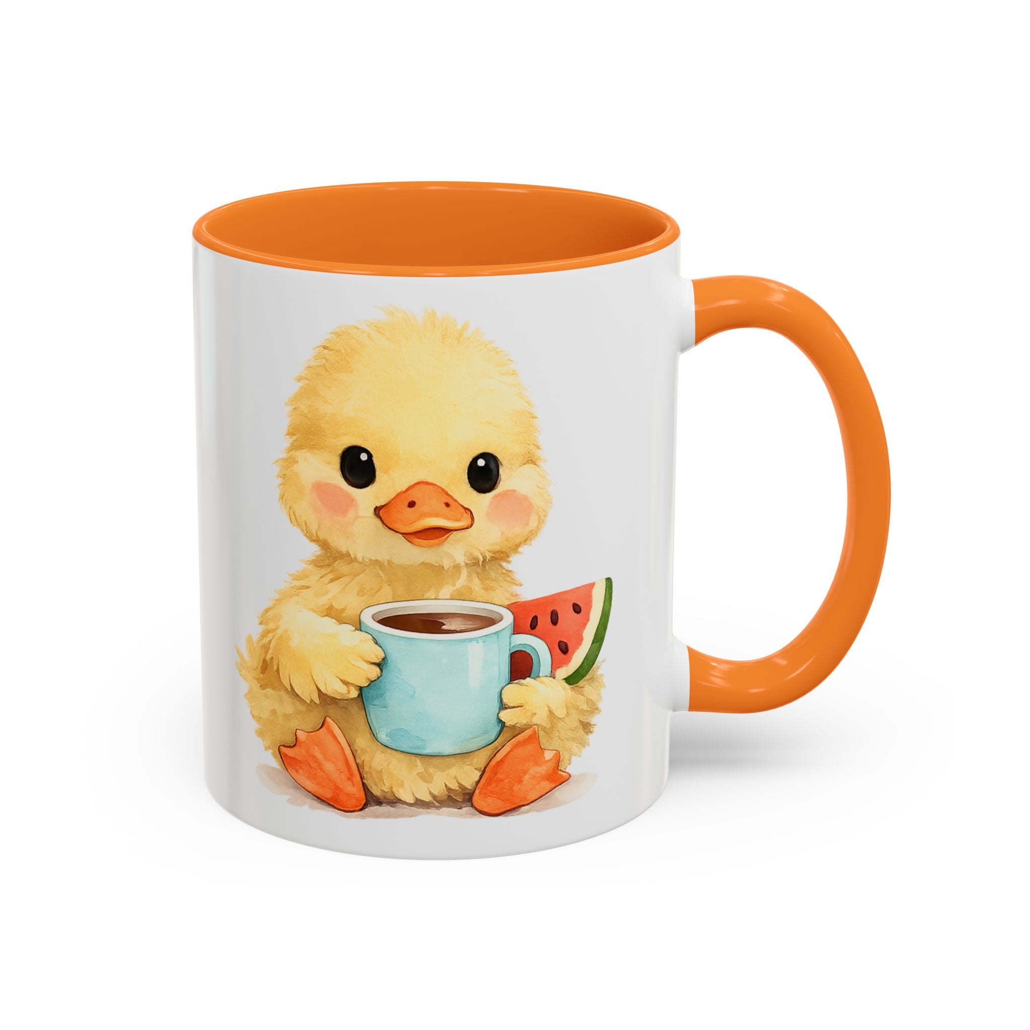 Cute Duckling Coffee Mug — Adorable Chick Holding Coffee & Watermelon