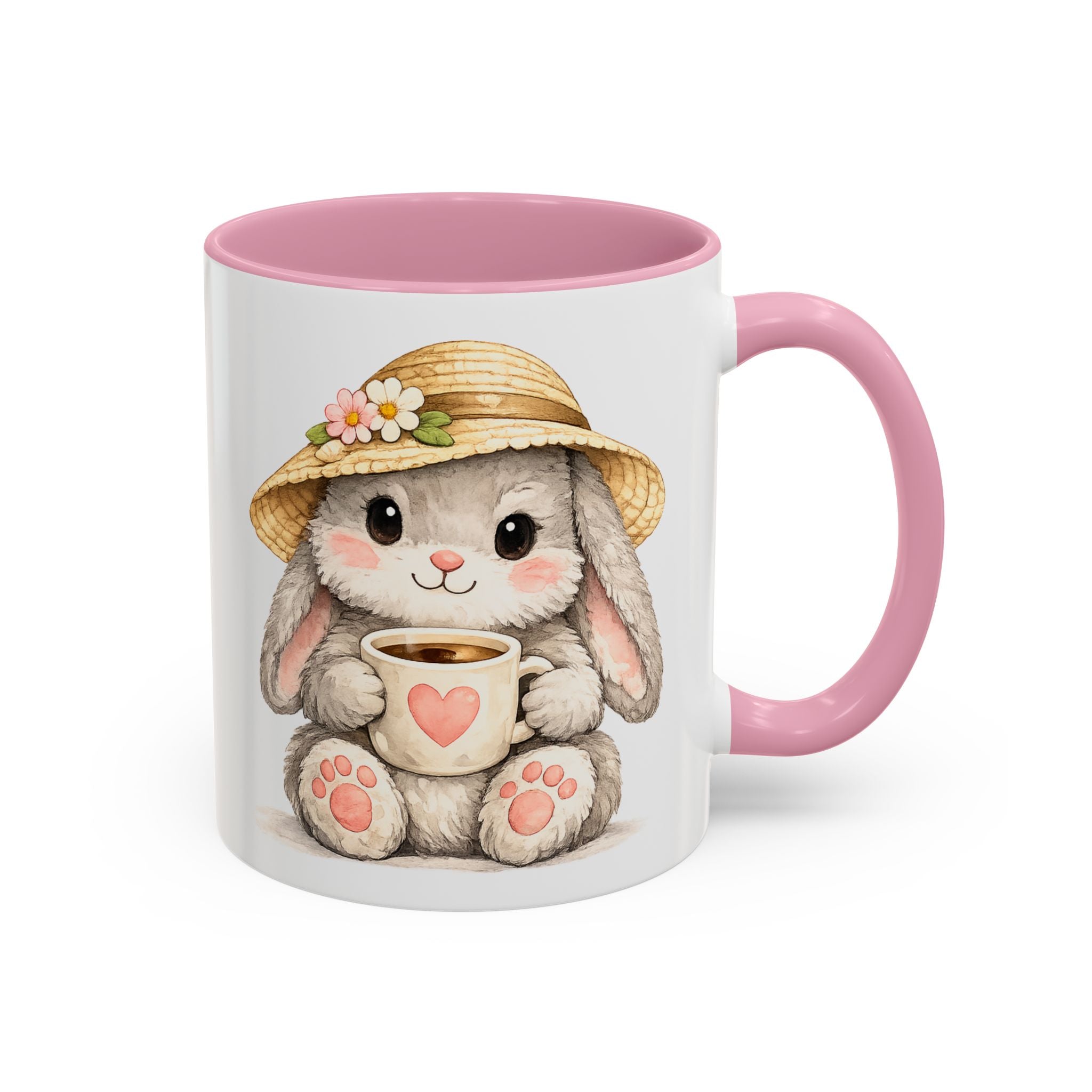 Cute Bunny Coffee Mug — Adorable Bunny with Straw Hat & Heart Cup