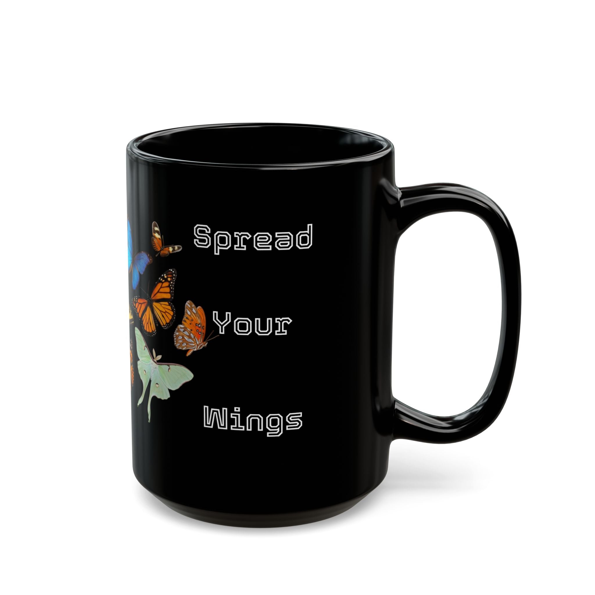 Spread Your Wings Butterfly Mug — Inspirational Black Coffee Cup (11oz & 15oz)