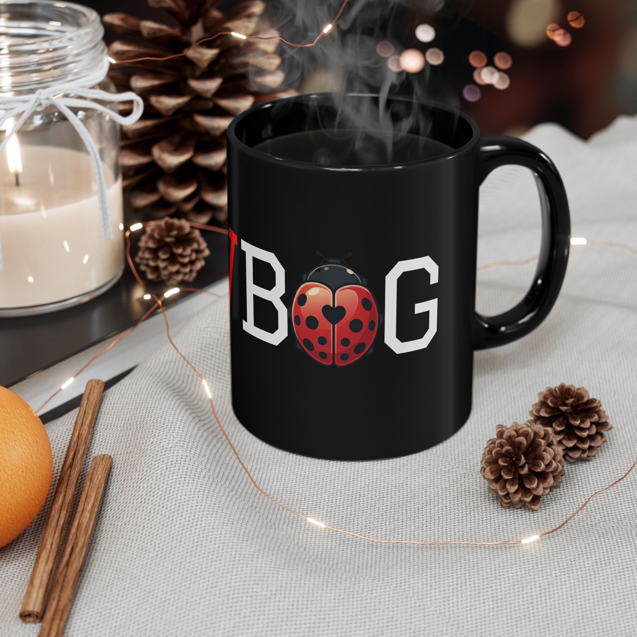 Ladybug Mom Black Mug — Cute Ladybug Graphic Coffee Cup (11oz/15oz)