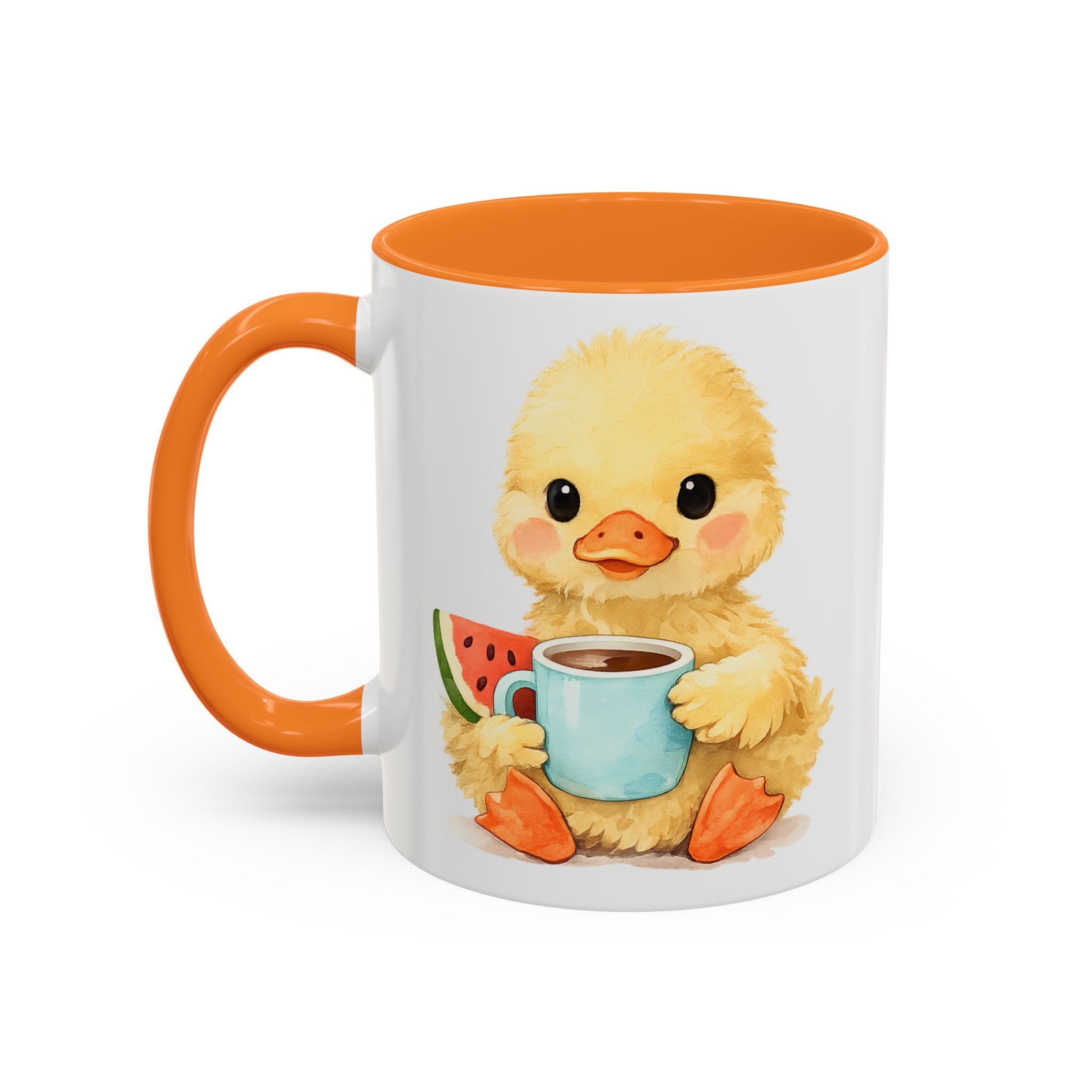 Cute Duckling Coffee Mug — Adorable Chick Holding Coffee & Watermelon