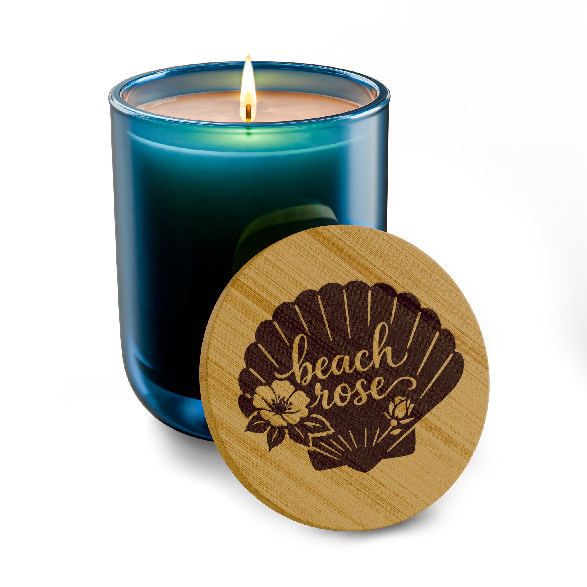 14oz Engraved Scented Soy Candle — "Beach Rose" Shell Lid (Coastal, Aromatherapy Gift)