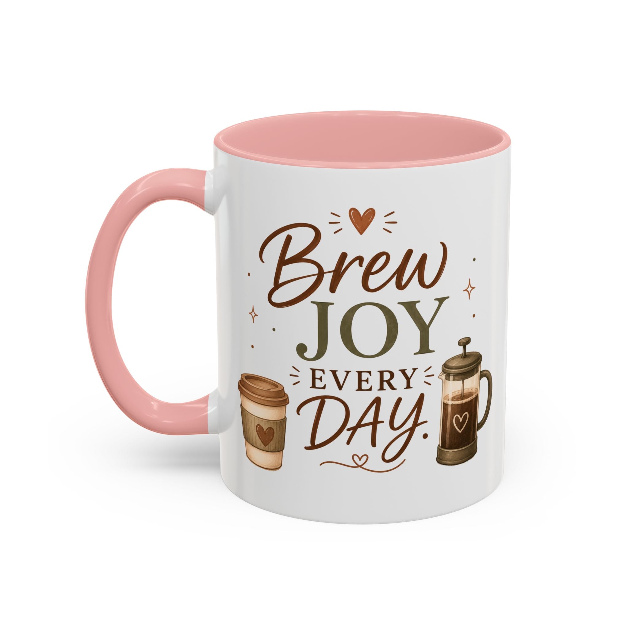Brew Joy Every Day Coffee Mug | Pink Accent Ceramic Cup