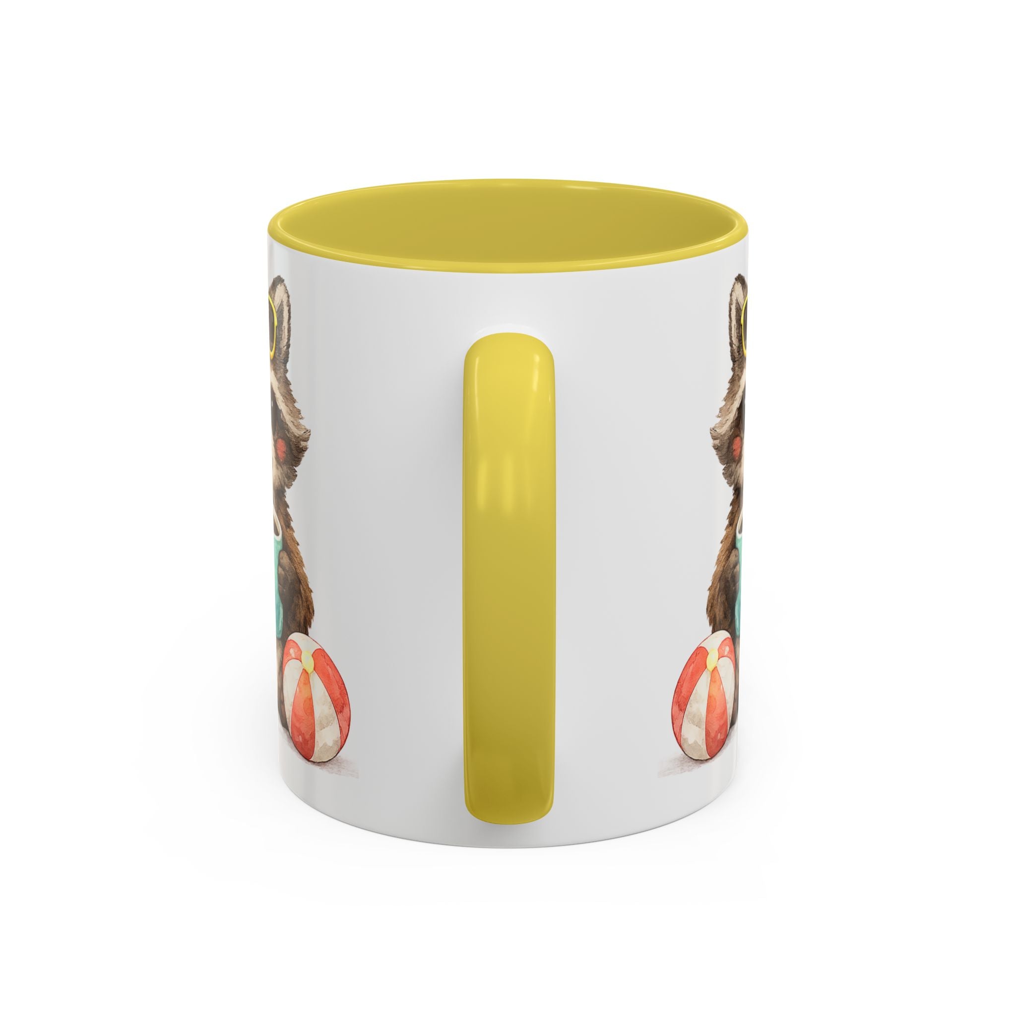 Cute Raccoon Coffee Mug – Yellow Accent (Beach Ball, Sunglasses)