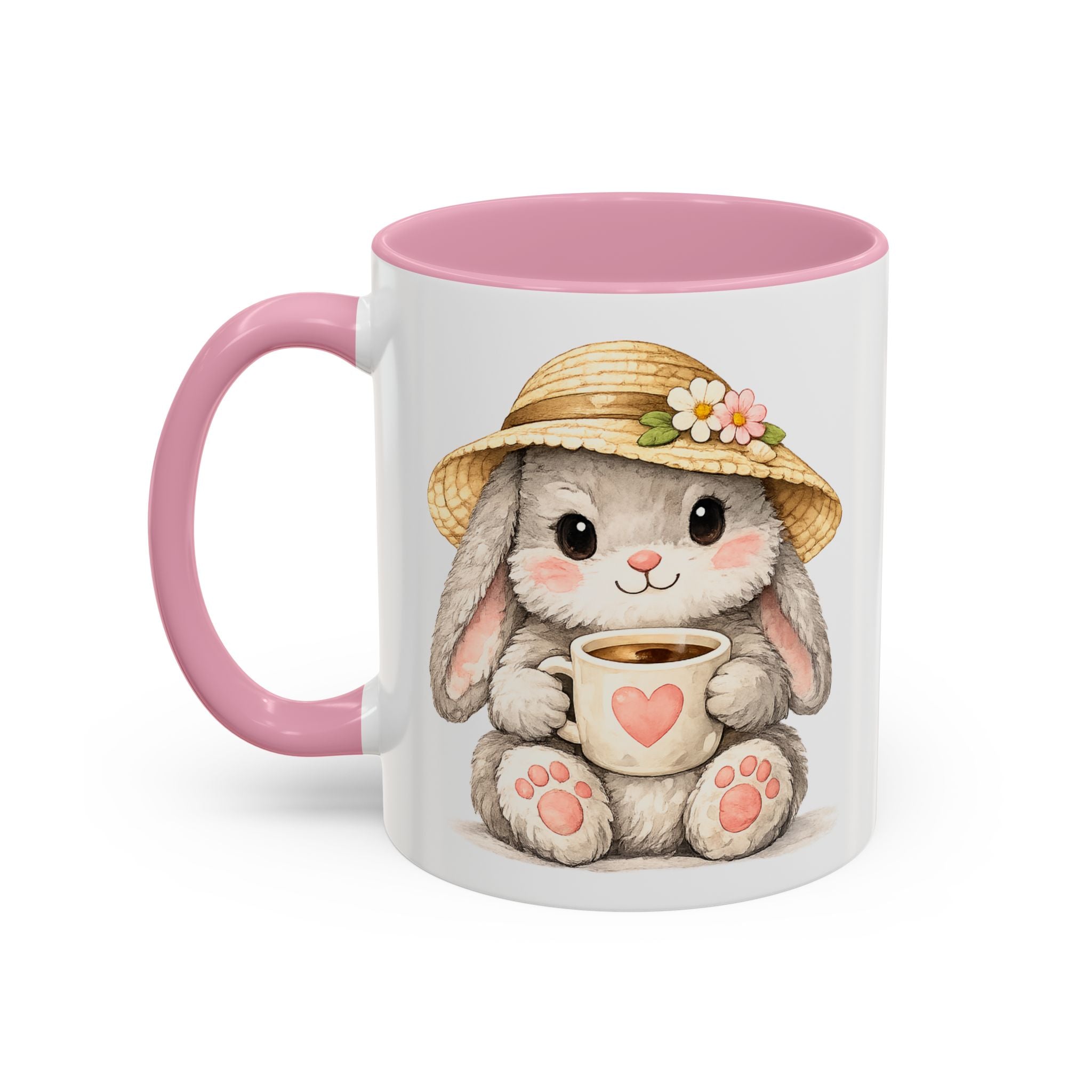 Cute Bunny Coffee Mug — Adorable Bunny with Straw Hat & Heart Cup