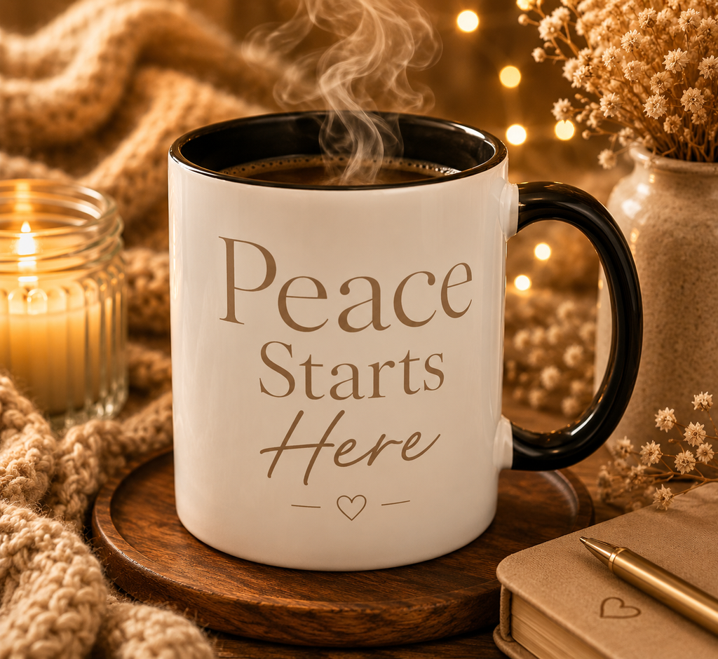 Inspirational Peace Mug – "Peace Starts Here" Red Accent Coffee Cup