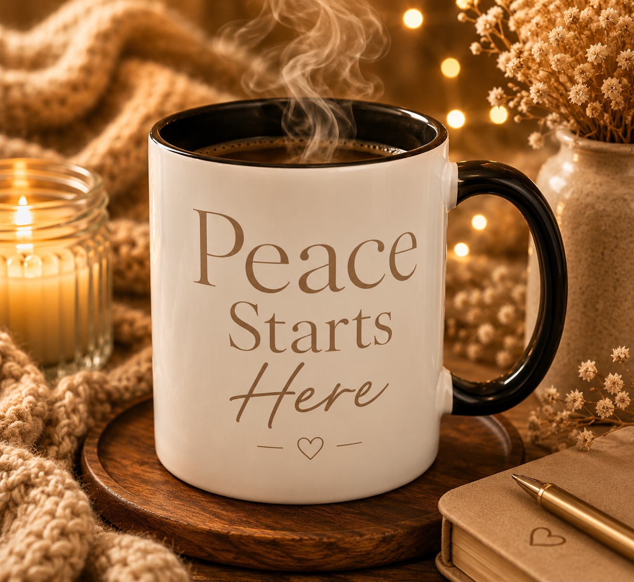 Inspirational Peace Mug – "Peace Starts Here" Red Accent Coffee Cup